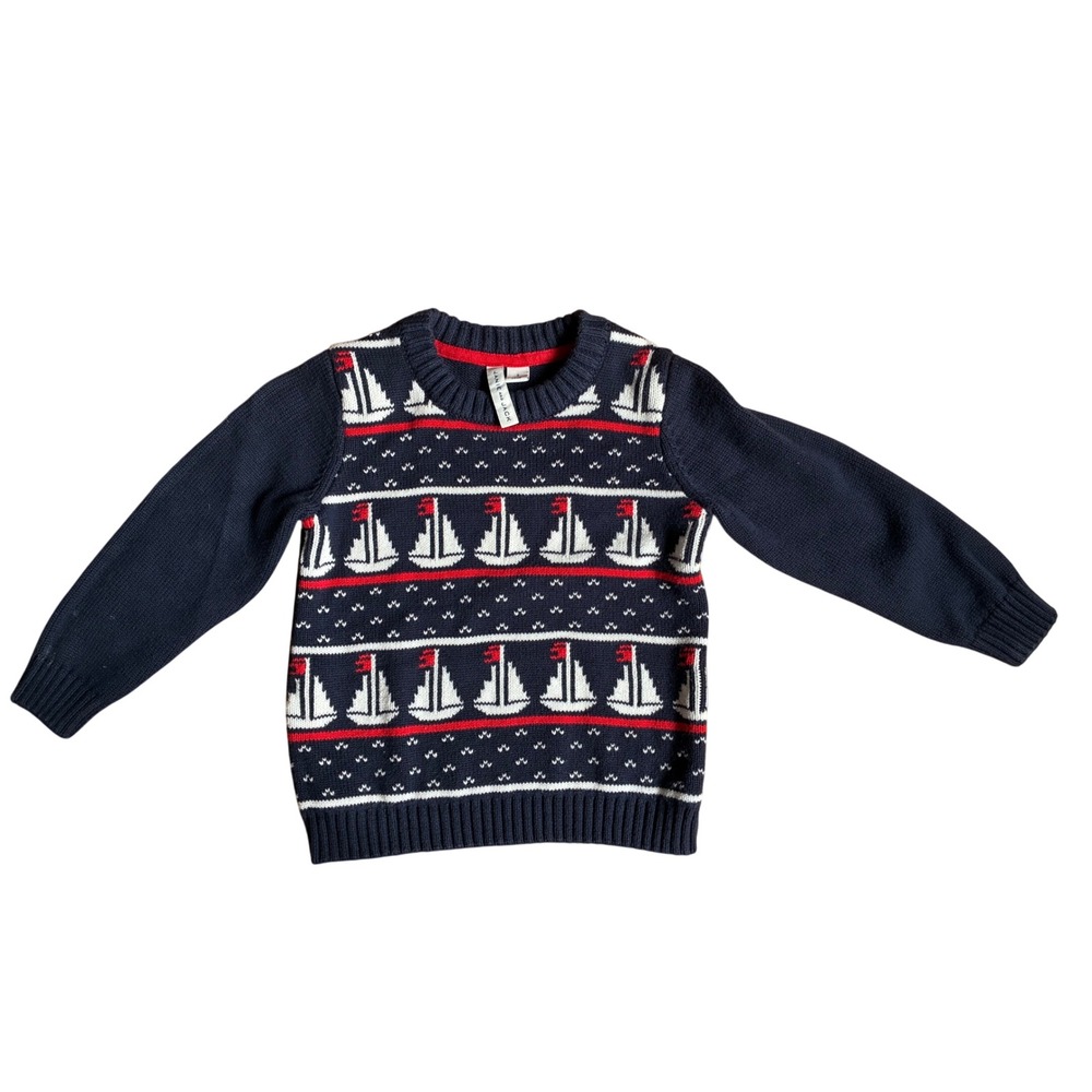 Janie and Jack Boys Navy Blue Sailboat Cotton Knit Sweater Size 3 Nautical